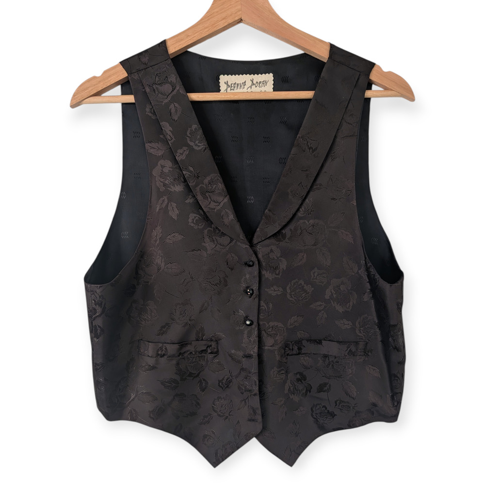 Vintage Western Black Satin Jacquard Vest Waistcoat